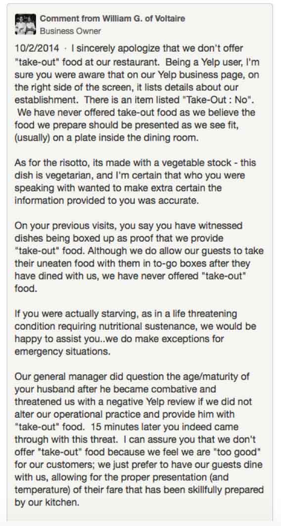 Response to negative restaurant review