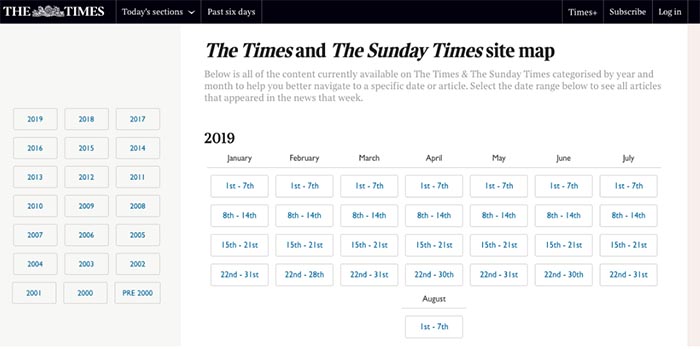 The Times HTML Sitemap