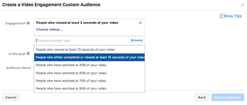 Create video engagement custom audience, Facebook