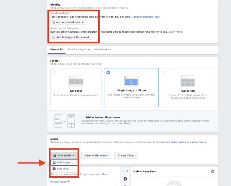 Selecting Ad format, Facebook Ads